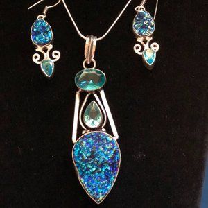 Titanium Druzy & Blue Topaz 925 Stamped Necklace + Earrings + Bracelet